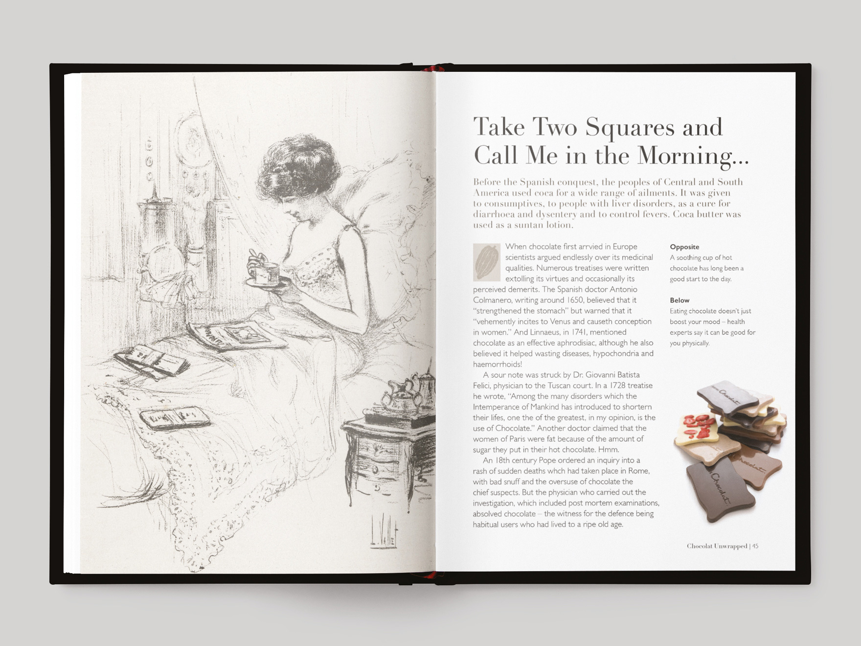 Inside book pages from Chocolate Unwrapped showing a chapter about the medicinal properties of chocolate