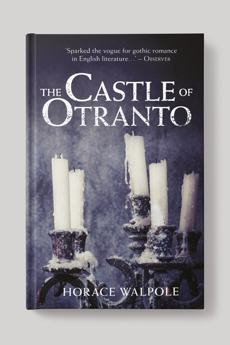 Front of the book cover to The Castle of Otranto, showing a gothic candlestick holder with melted candles