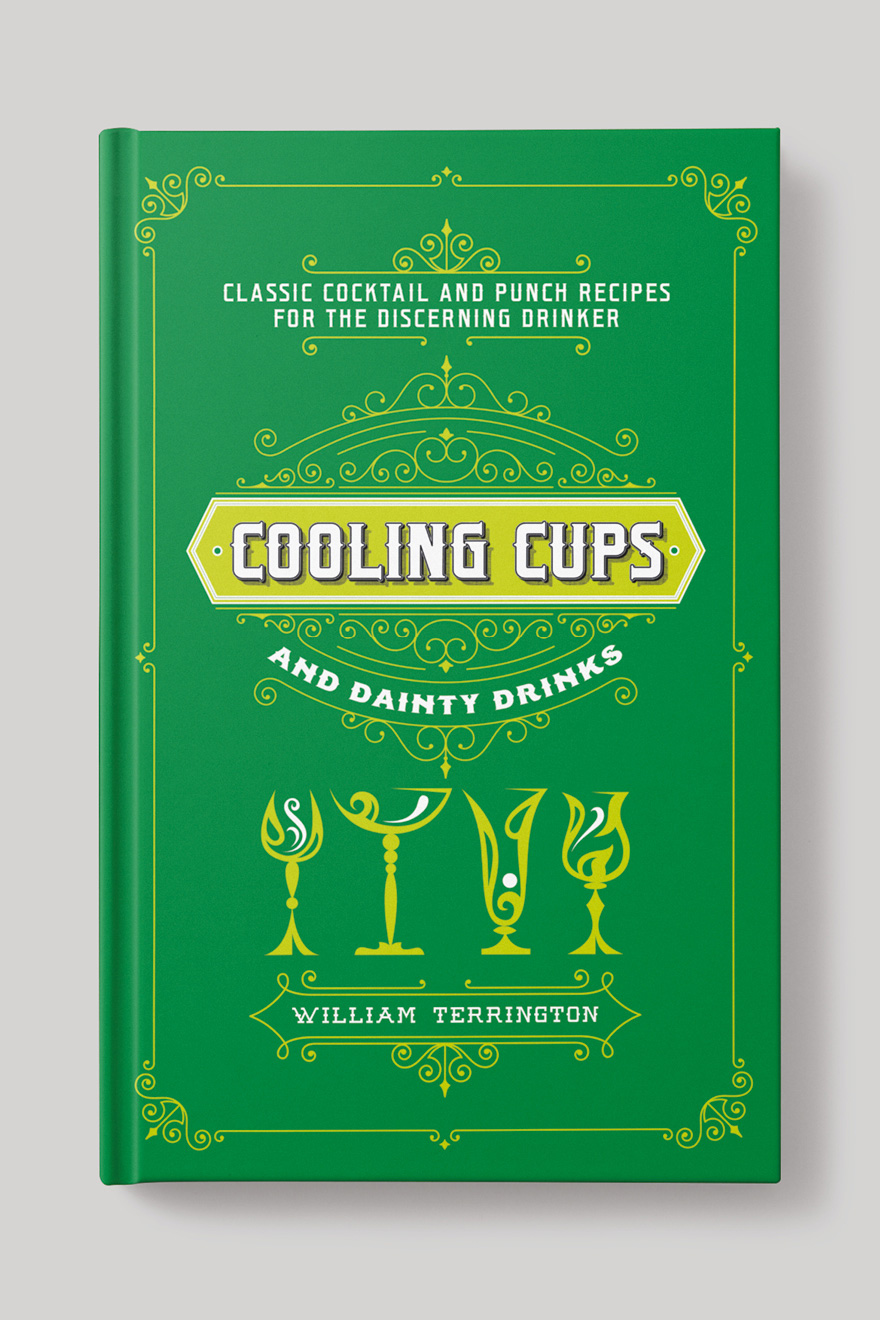 Front book cover to Cooling Cups and Dainty Drinks, showing an orante frame and line art illustrations of different drinks