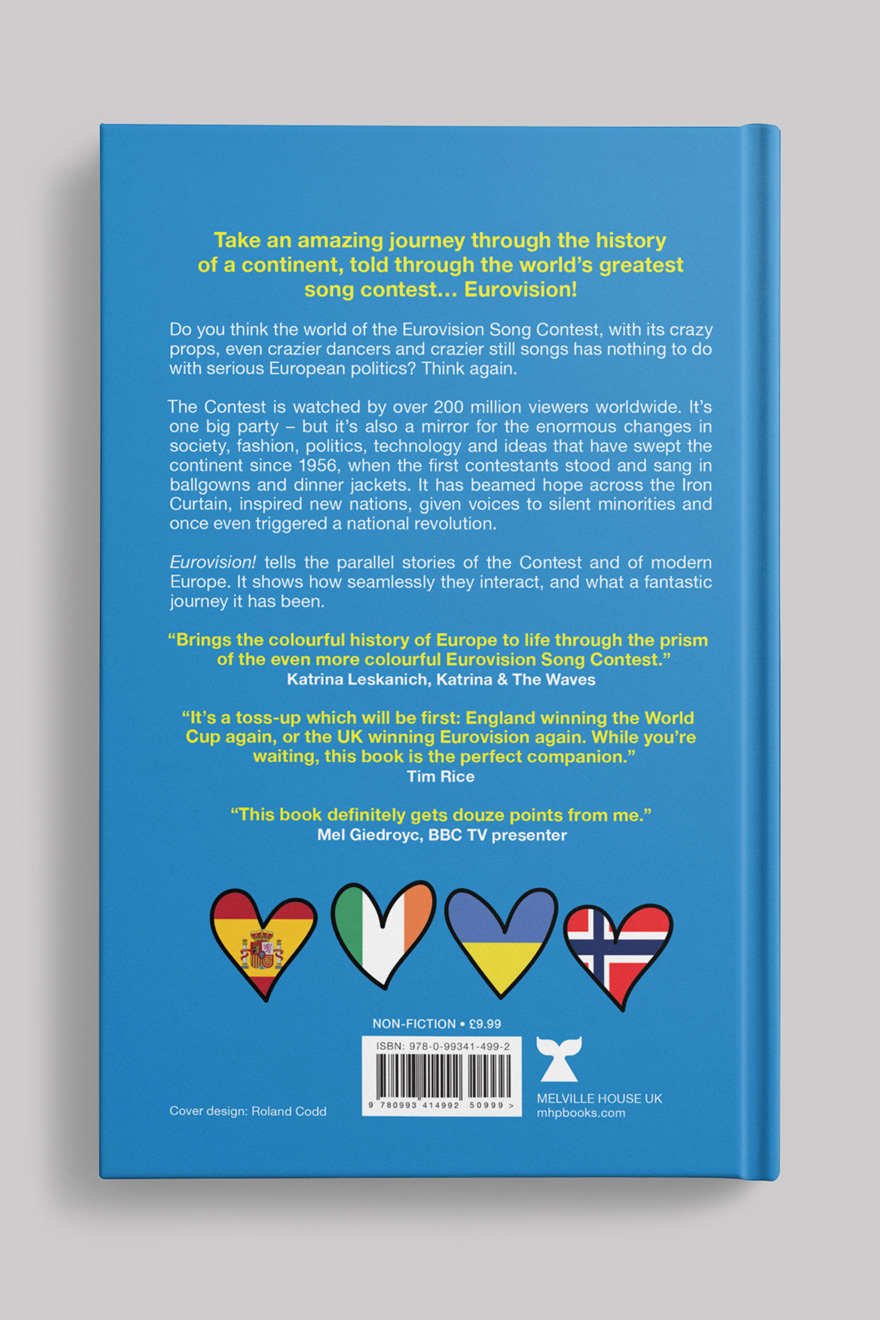 Back cover to Eurovision! showing the back cover blur, quotes, barcode and price details