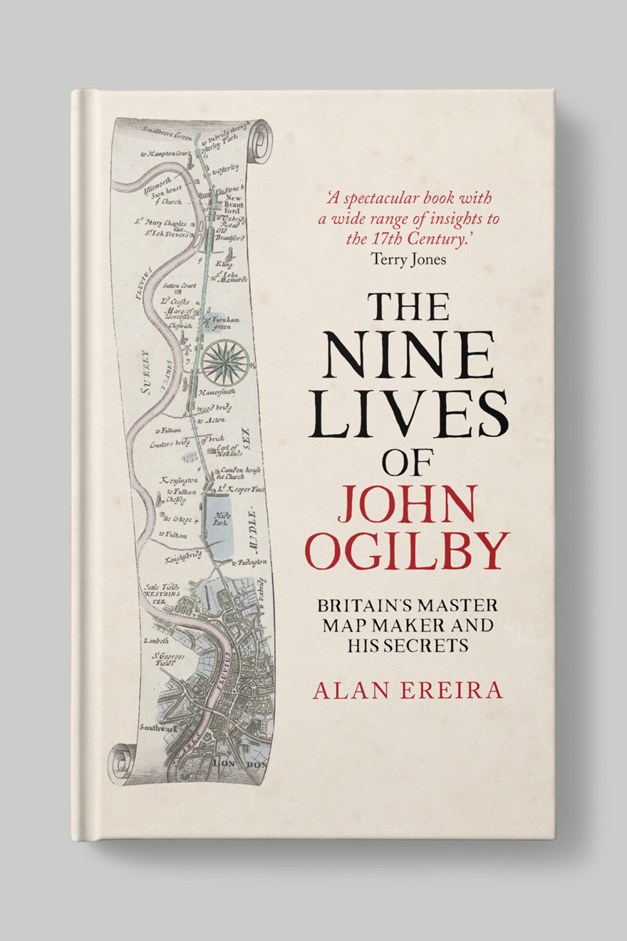 Front book cover to The Nine Lives of John Ogilby, showing a map scroll