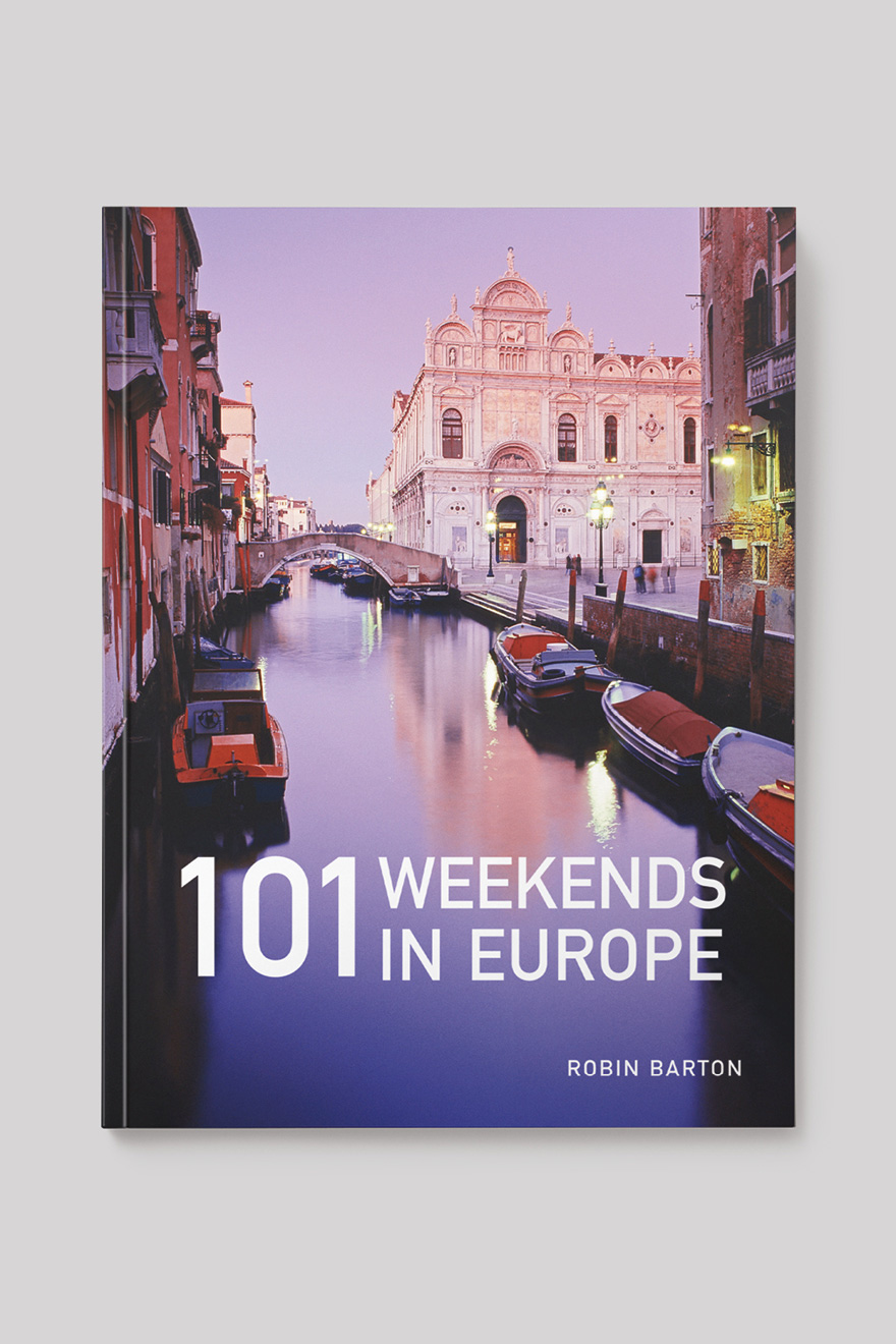 Front book cover to 101 Weekends in Europe, showing a Venician canal