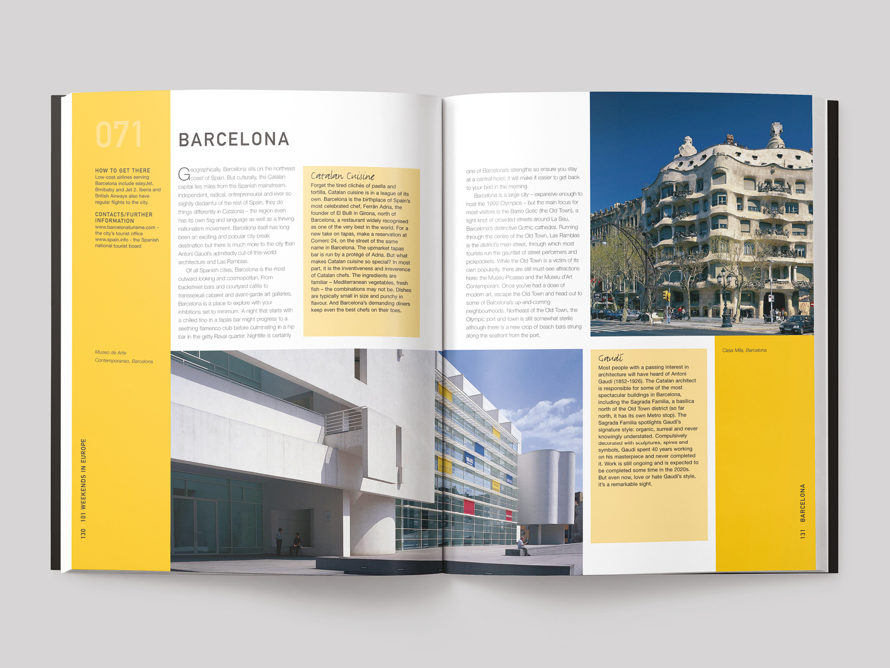 Inside pages from the 101 Weekends in Europe book showing a double page entry for Barcelona