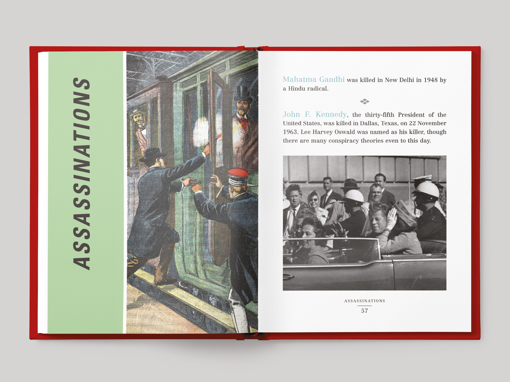 Inside pages from the Pocket Dangerous Book for Boys Facts, Figures and Fun book showing the chapter opener to Assassinations