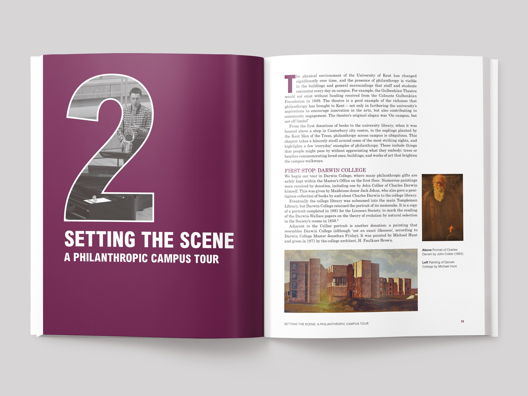 Inside pages from the Hidden History book showing the opener for chapter two, a philanthropic campus tour