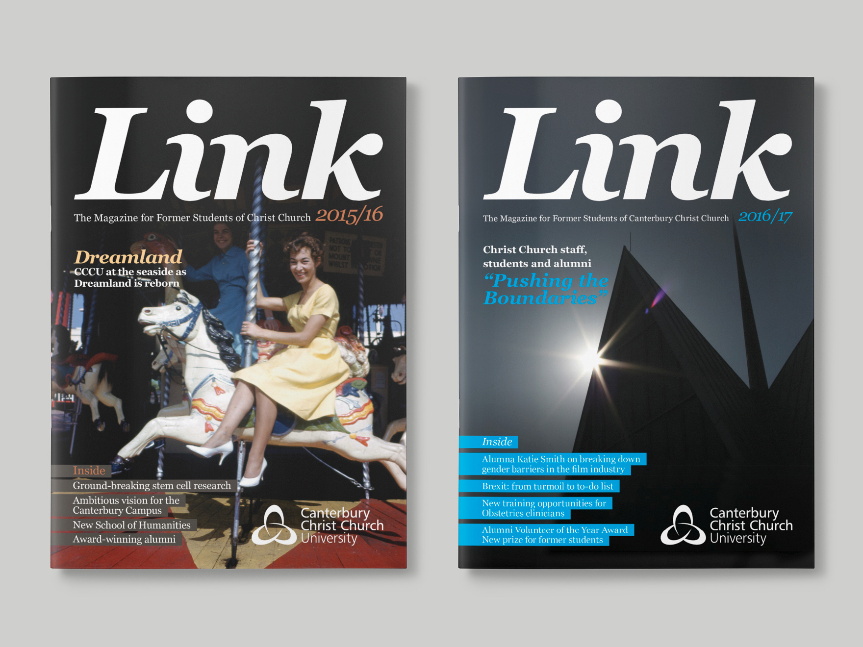 Front covers of the 2015 and 2016 issues of issue of Link magazine