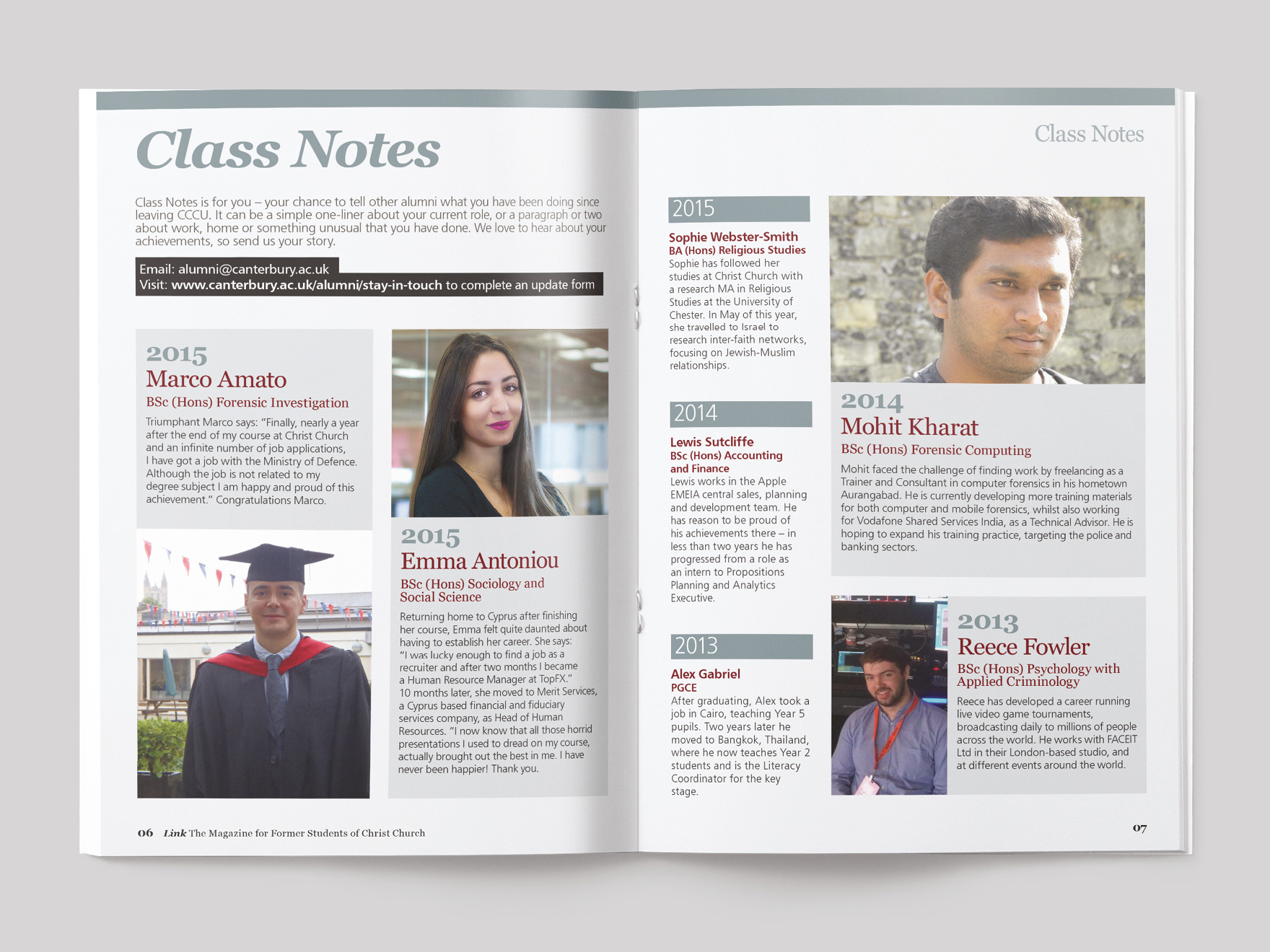Inside pages from Link magazine, showing the class notes section