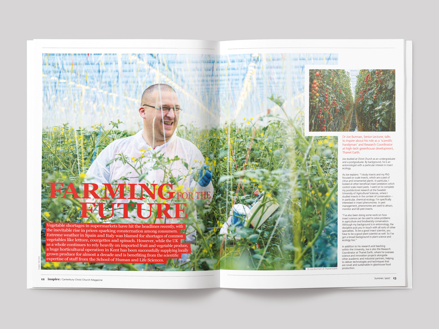 Inside pages from Inspire magazine, showing the opening pages of a feature on Farming for the Future
