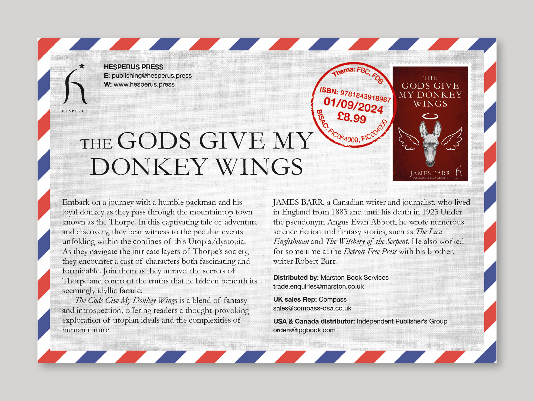 Hesperus Press Promotional postercard for The Gods Give My Donkey Wings
