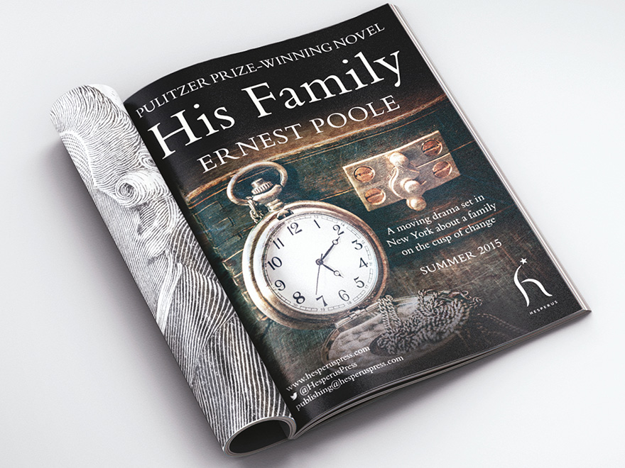 Inside pages of a magazine showing a full page advert promoting the launch of Hesperus book, His Family. The adverts uses artwork of the pocket watch, taken from the original cover artwork.