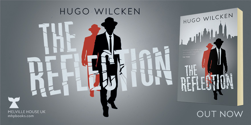 Social media banner to promote the book launch of The Reflection, published by Melville House UK. Banner features the title, the front of the book cover and two sihouettes of men from the original cover artwork.
