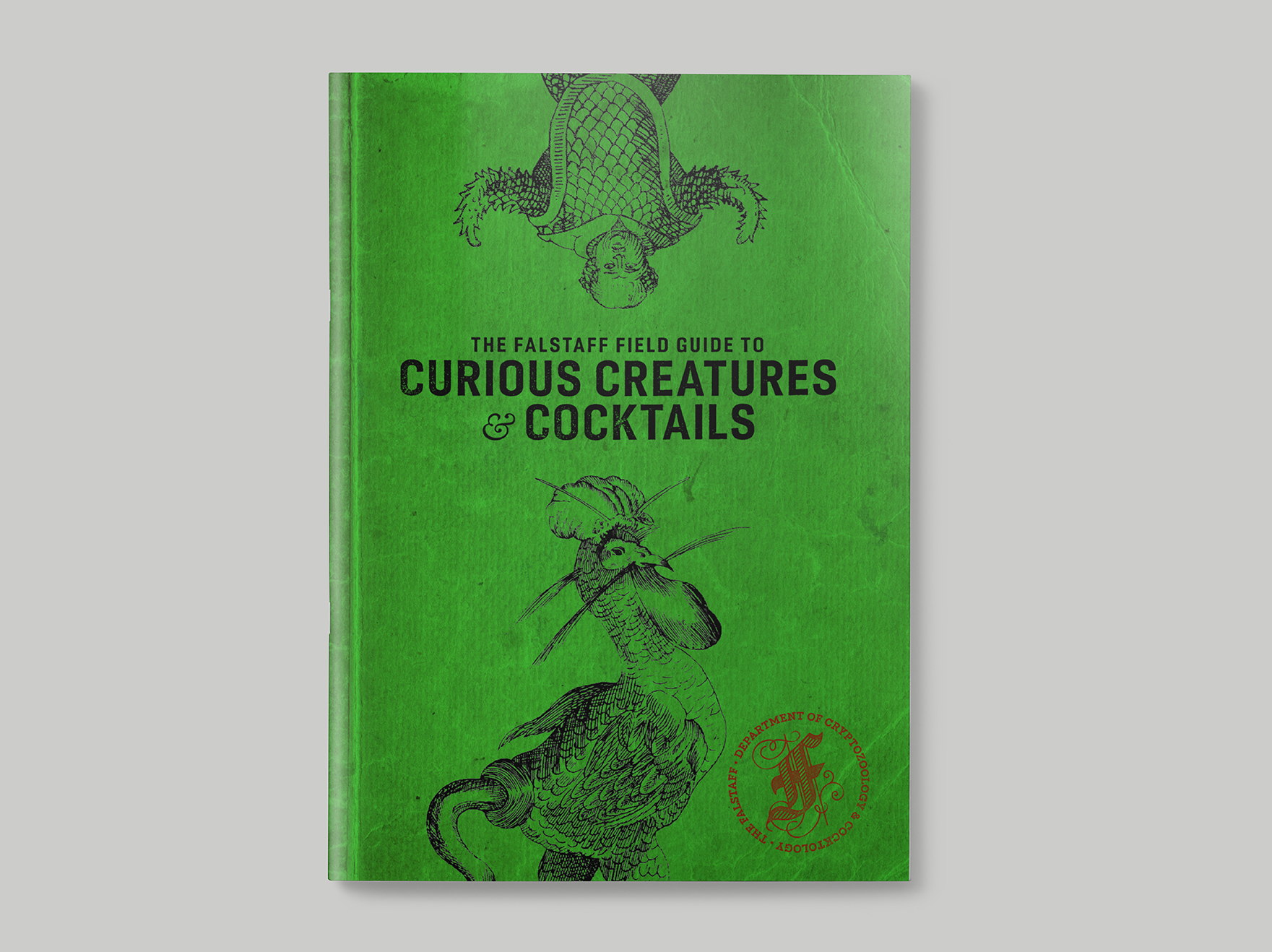 Front cover to a cryptzooloogy-themed cocktail menu at the Falstaff Hotel