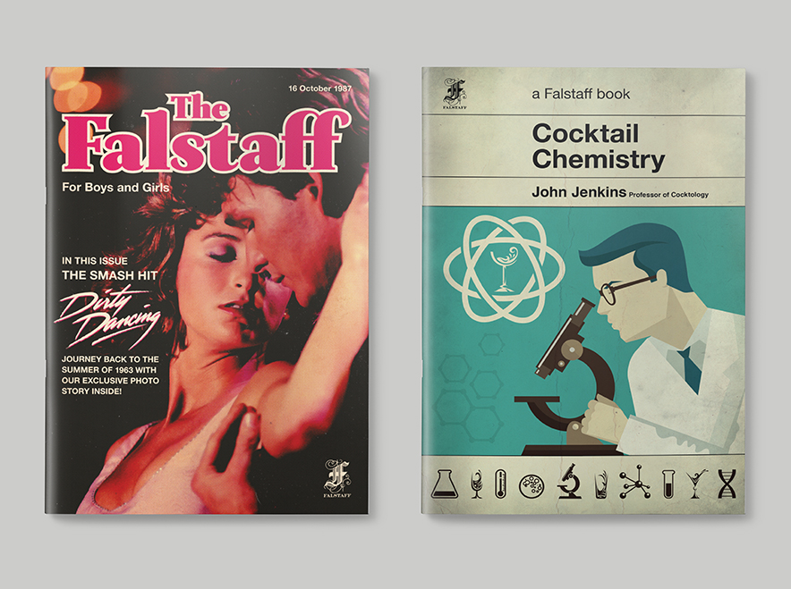 Two front covers of themed menus for the Falstaff Hotel in Cantbury. The picture links to a page showing further examples of the issues of magazine and print design by Roland Codd.