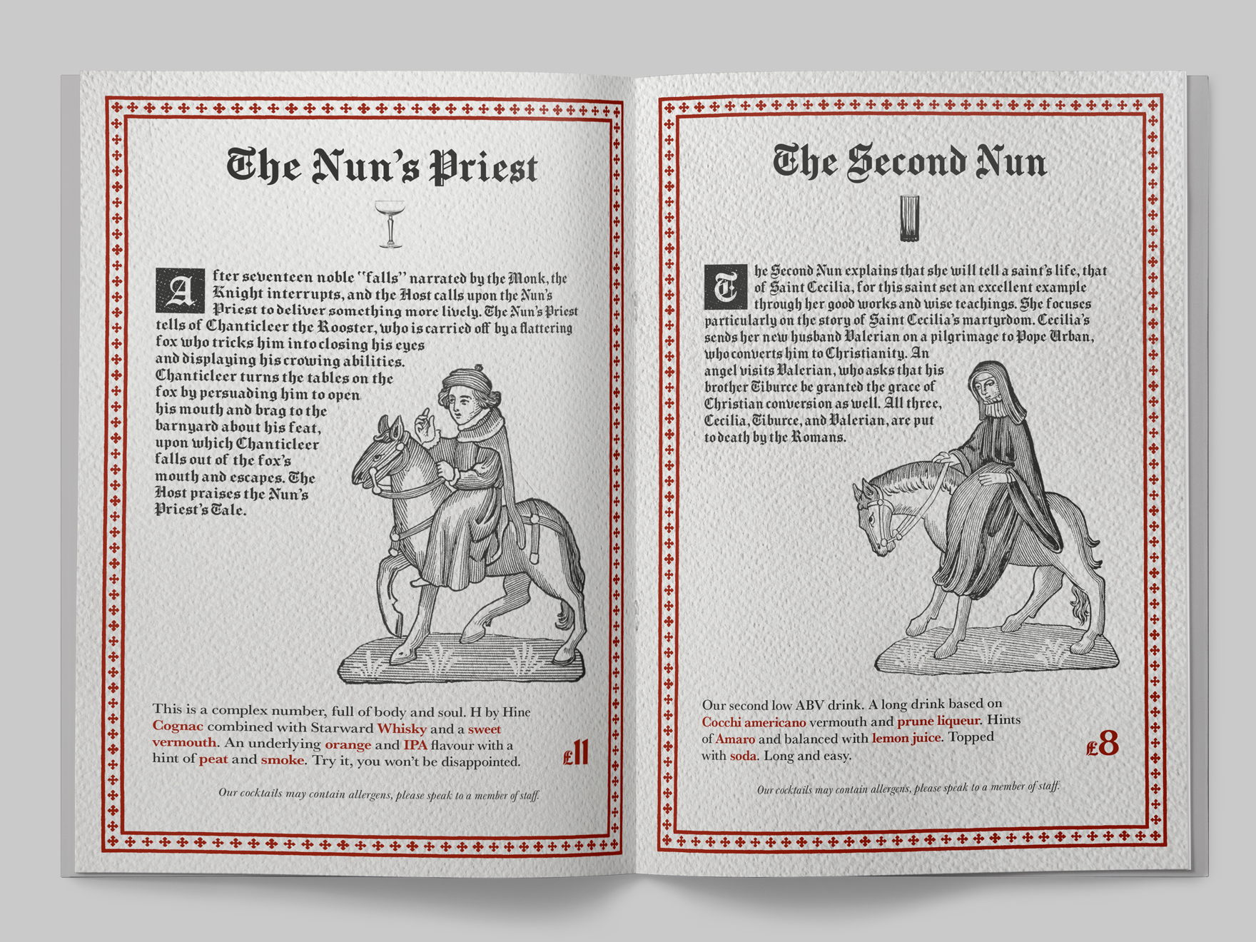 The inside of a Canterbury Tales themed cocktail menu for the Falstaff Hotel
