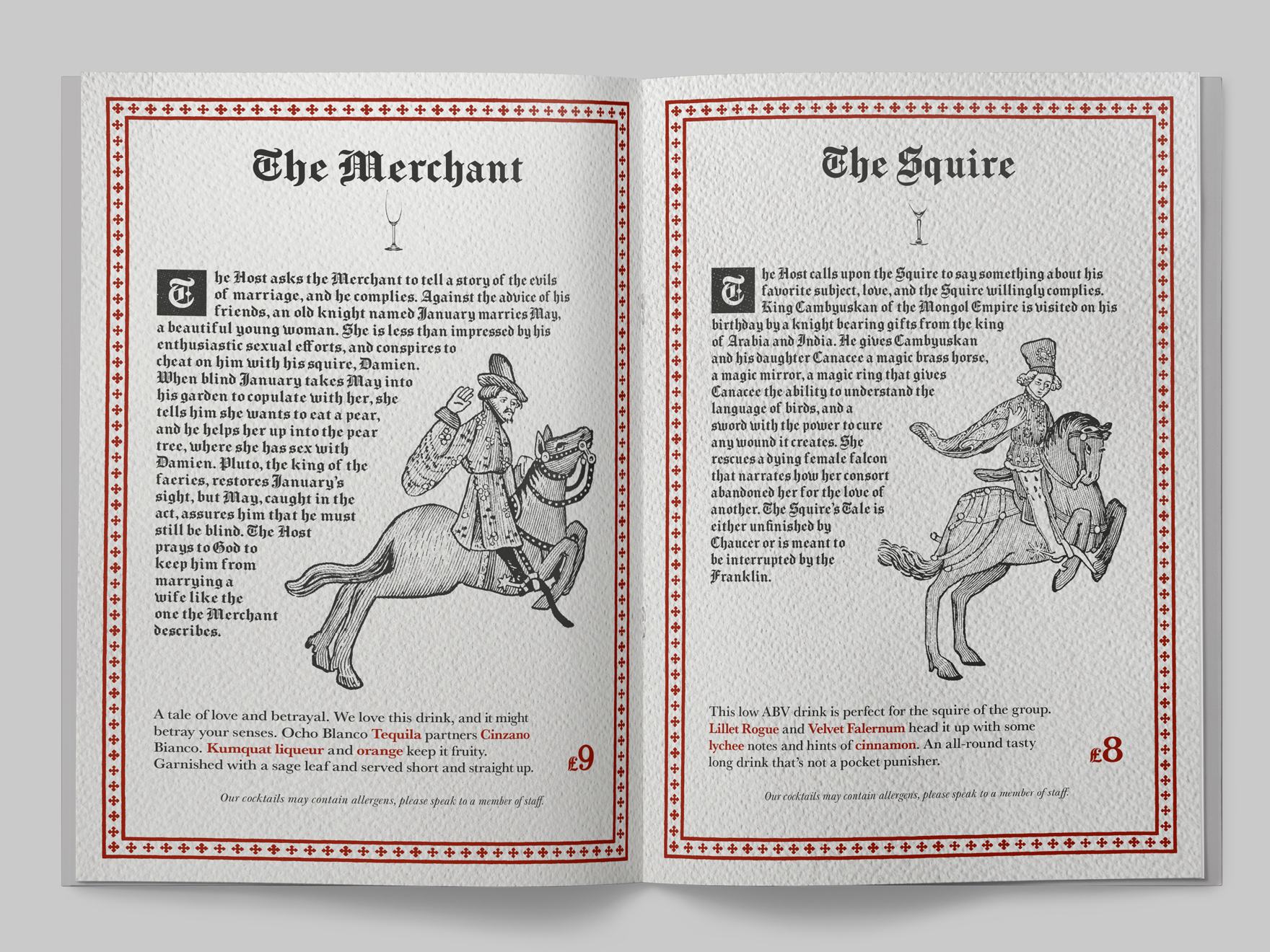 The inside of a Canterbury Tales themed cocktail menu for the Falstaff Hotel