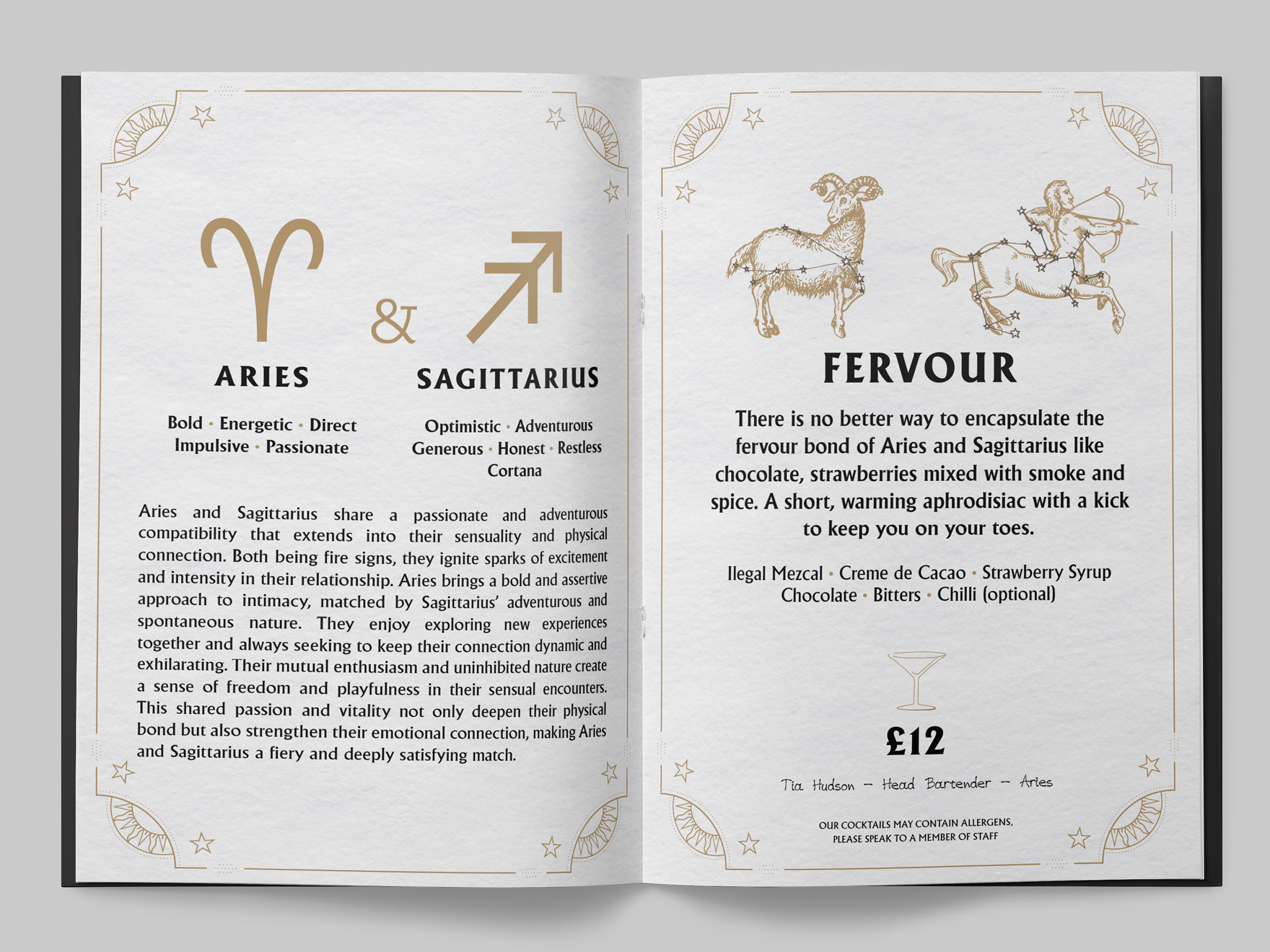 The inside of a Zodiac themed cocktail menu for the Falstaff Hotel