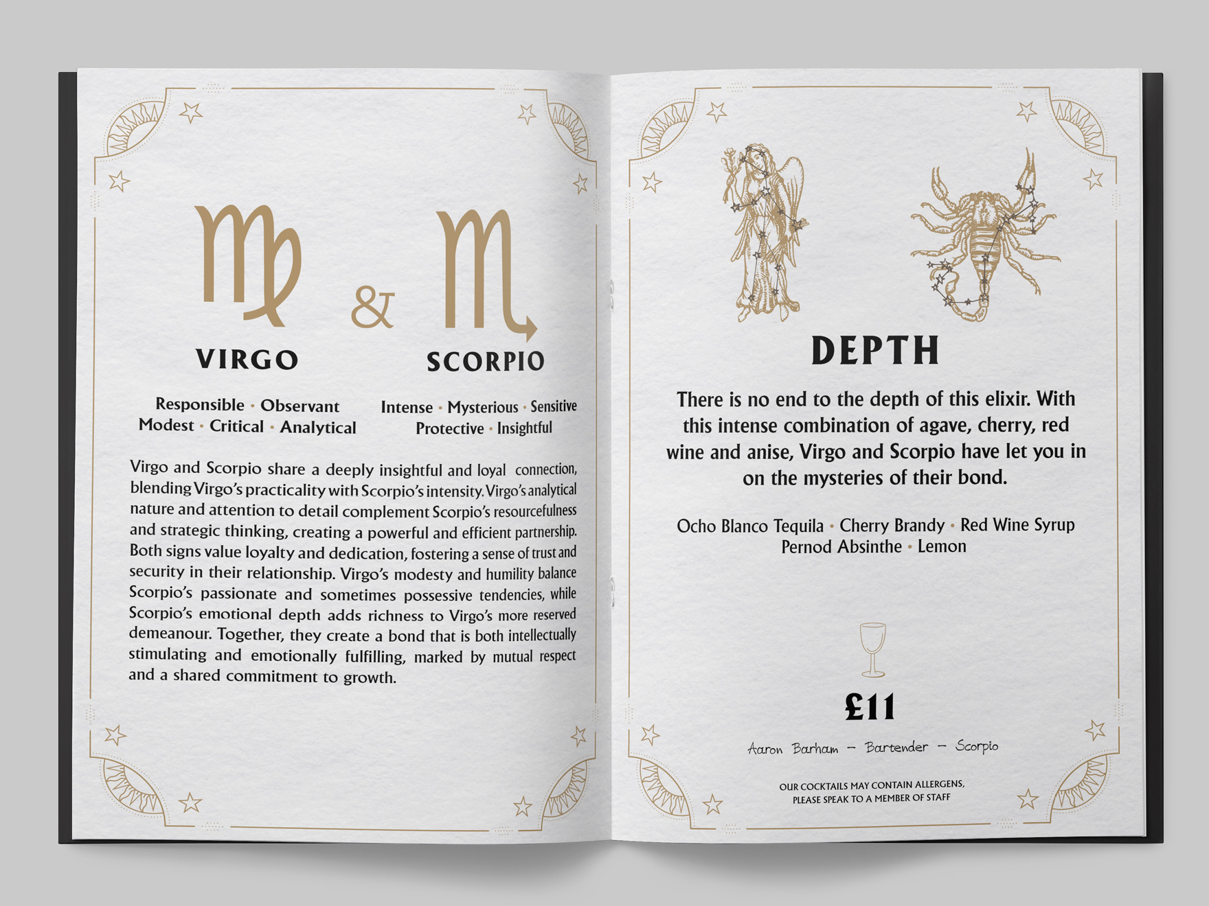 The inside of a Zodiac themed cocktail menu for the Falstaff Hotell