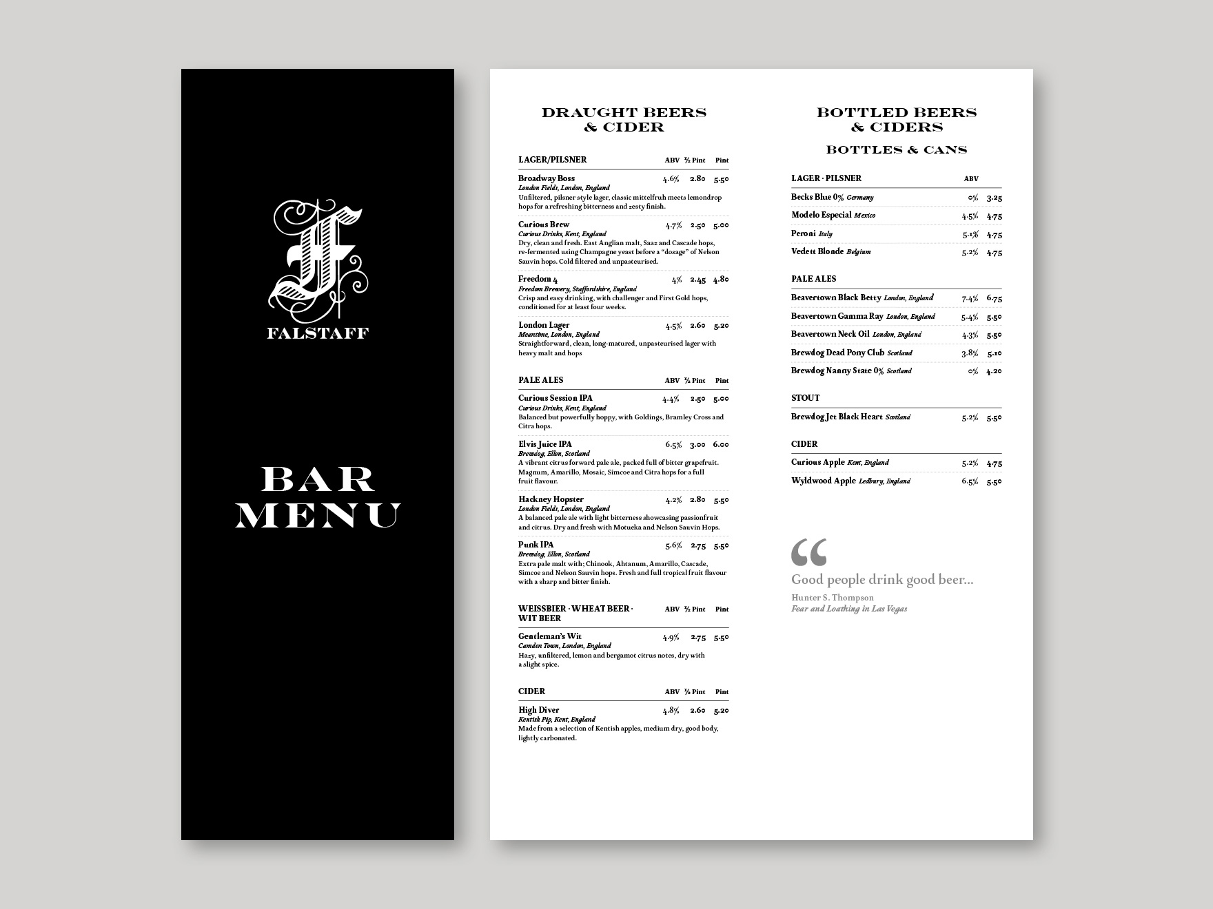 The front cover and an inside page of the bar menu listing beers and ciders for the Falstaff Hotel