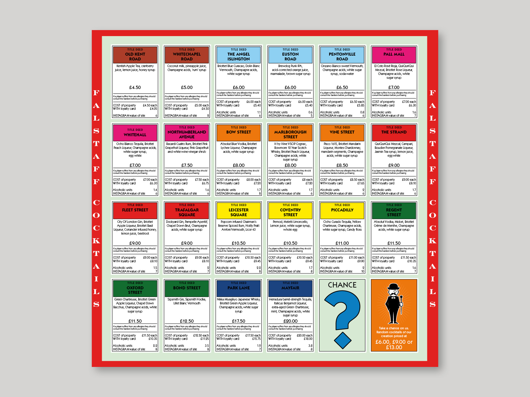 The inside of a menu that lists cocktails themed around a classic board game