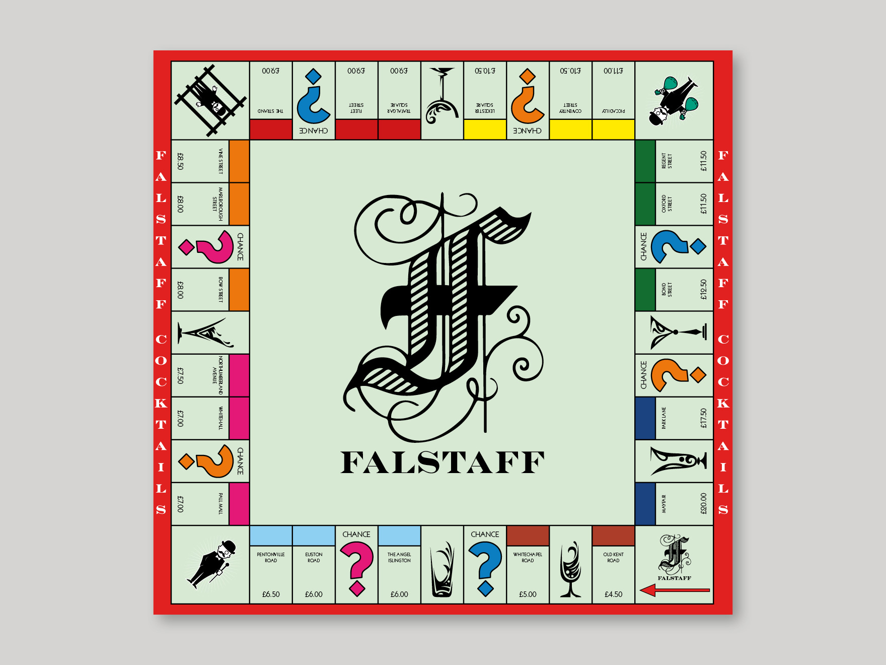 The outside of a cocktail menu that looks like a classic board game