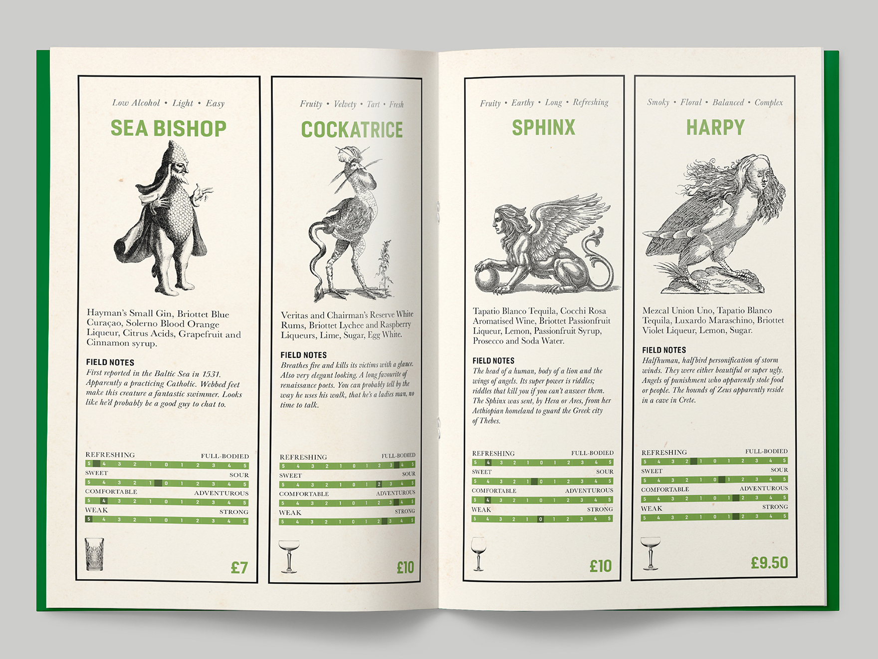 Inside pages to a cryptozoology-themed cocktail menu at the Falstaff Hotel