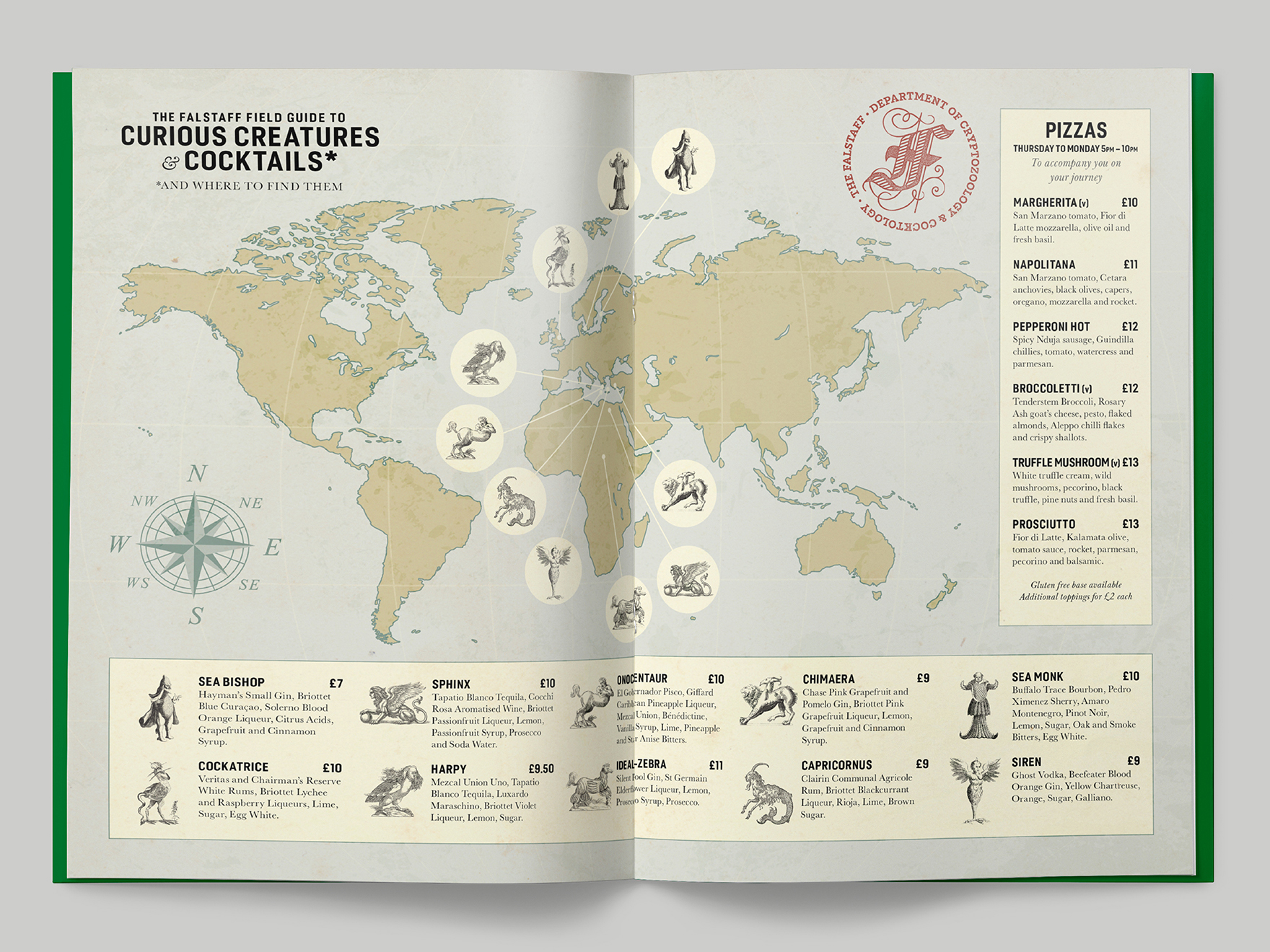 Map centre spread from a cryptozoology-themed cocktail menu at the Falstaff Hotel