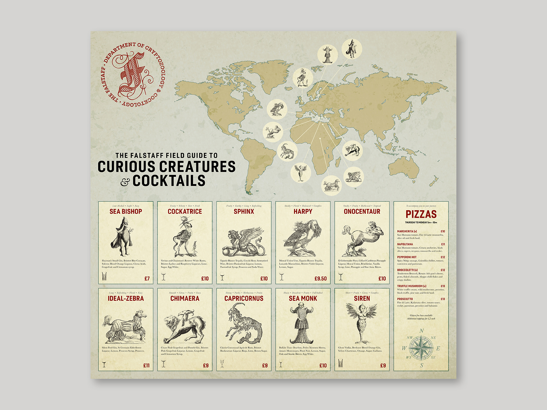 Poster of cryptozoology-themed cocktail menu at the Falstaff Hotel